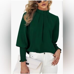 Elegant Womens Blouse Puff Long Sleeve Loose Shirt Tops Green XXL
